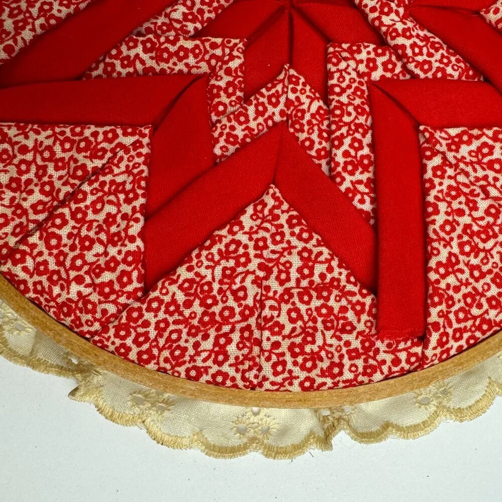 Vintage Red Folded Star Quilted Design Embroidery Hoop Wall ART Country Rustic